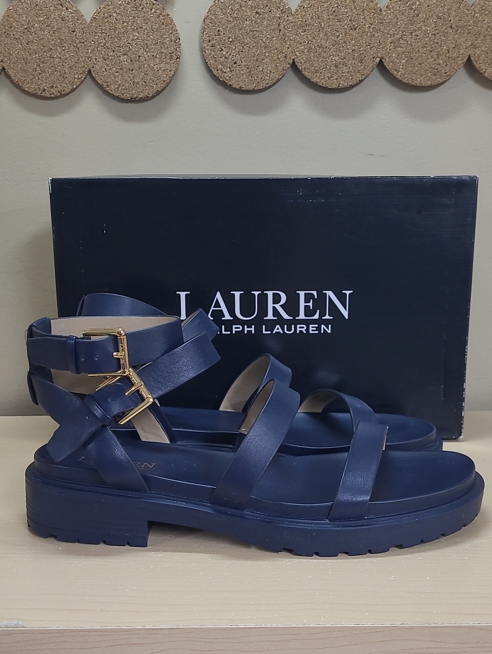 Ralph Lauren Kayleen Navy Soft Nappa Leather Sandals Buckles Size 8.5 Like New